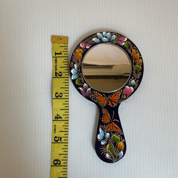 Hand-Painted Mexican Wooden Mirror –  Floral and Butterfly  Design - Picture 4 of 5
